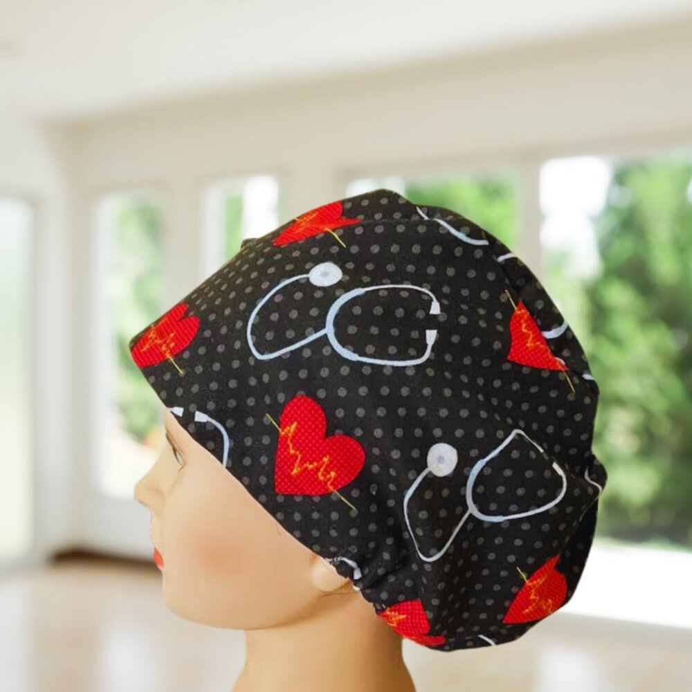PREMIUM Steth Heartbeat~ Euro Style Scrub Cap, Unisex Nurse Cap, Scrub Hat, Gift
